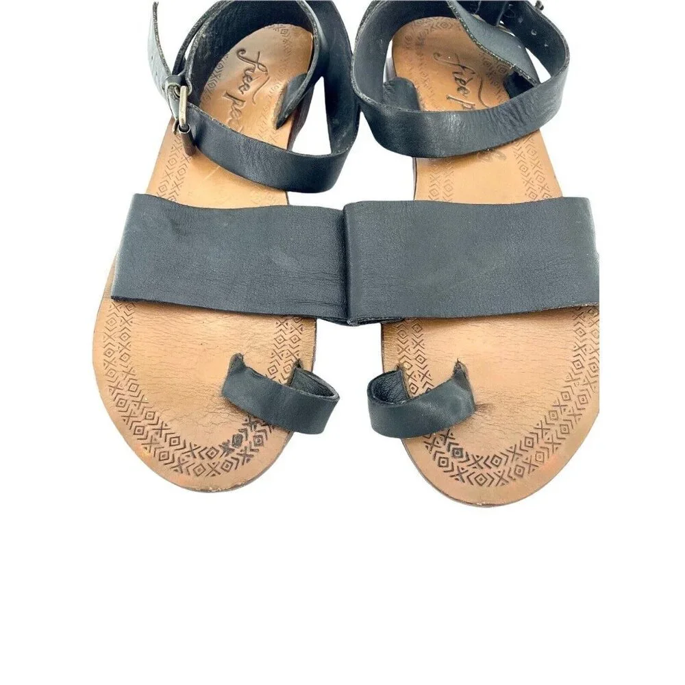 Free People Torrence Black Leather Flat Sandals Leather Straps Sz 40